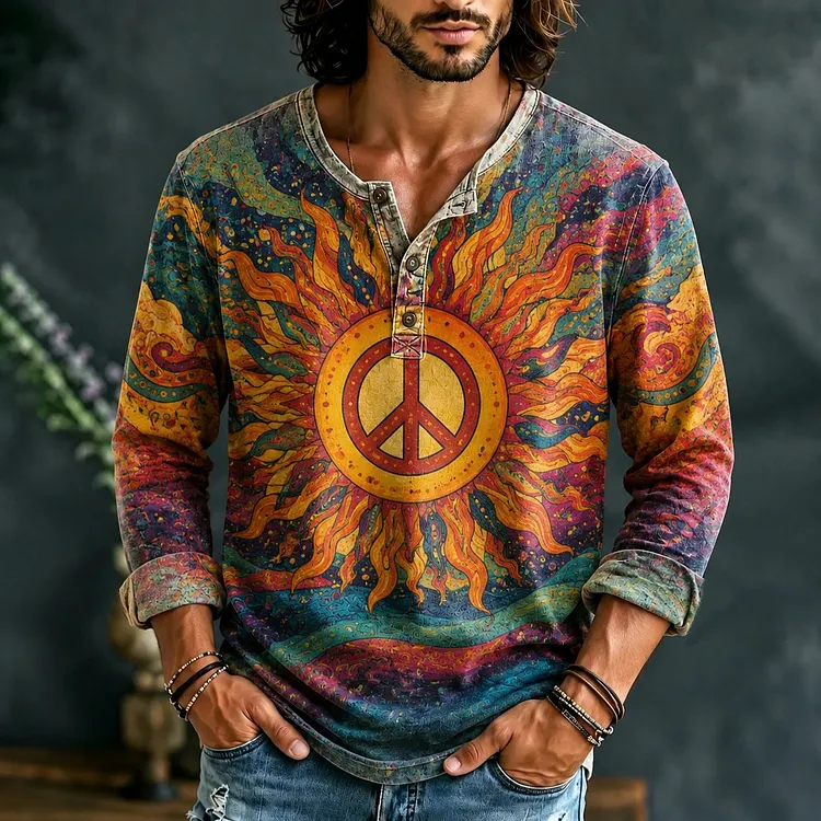 Men's Hippie Peace Sun Print Henley Neck T-shirt