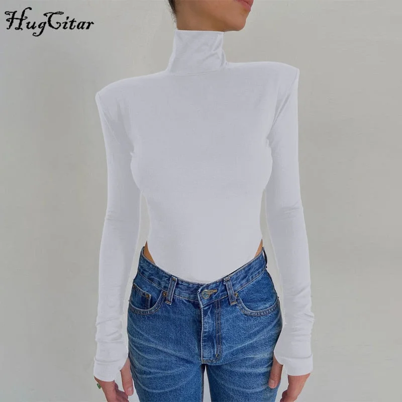 Hugcitar 2020 Long Sleeve Shoulder Padded Backless Sexy Bodysuit Autumn Winter Women Fashion High Neck Pure Romper Body