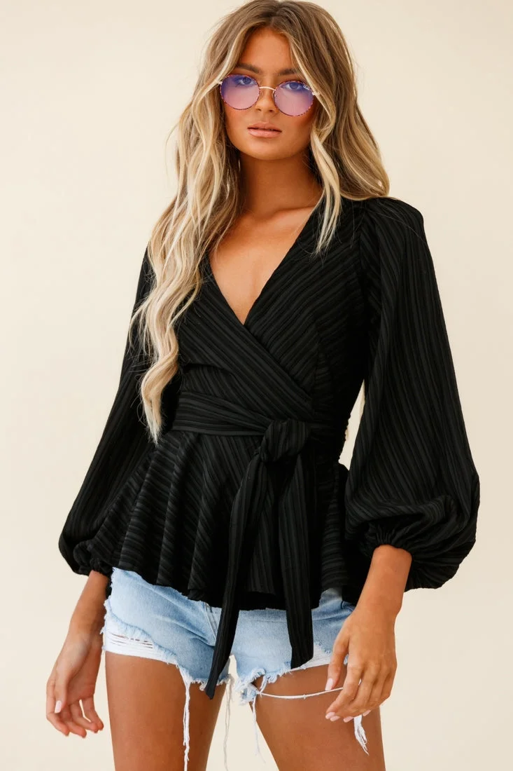 Macy Fit & Flare Wrap Top Stripe Pattern Black