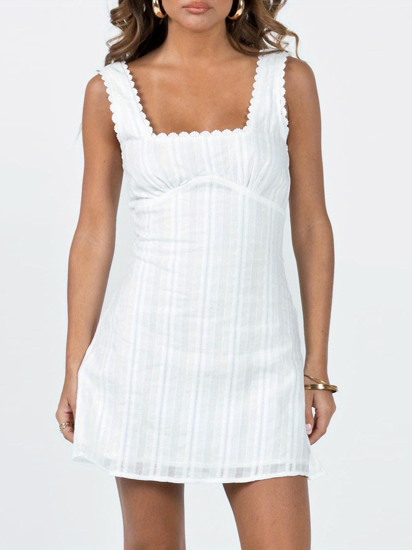 Women's Summer Sleeveless Square Neckline Lace Trim, Solid Color A-Line Skirt Short Mini Dress.