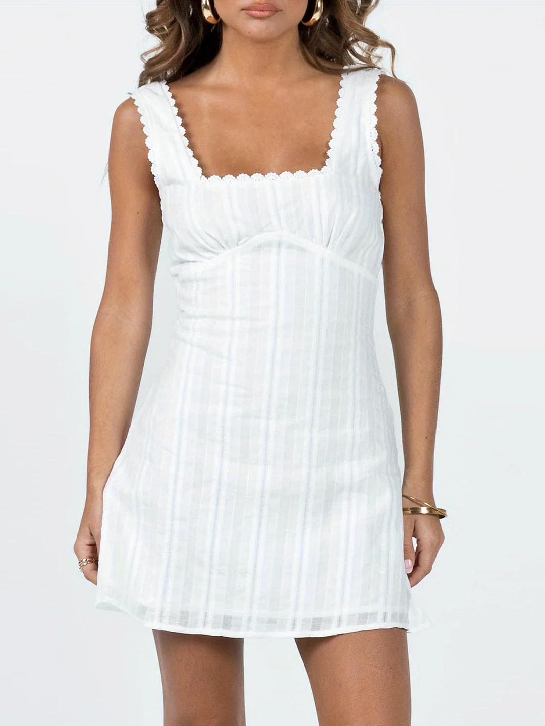 Women's Summer Sleeveless Square Neckline Lace Trim, Solid Color A-Line Skirt Short Mini Dress.