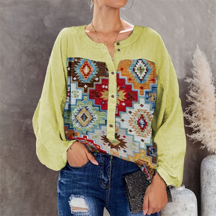 Women's Shirt Round Neck Shirt Button Retro Rrinting Long-sleeved