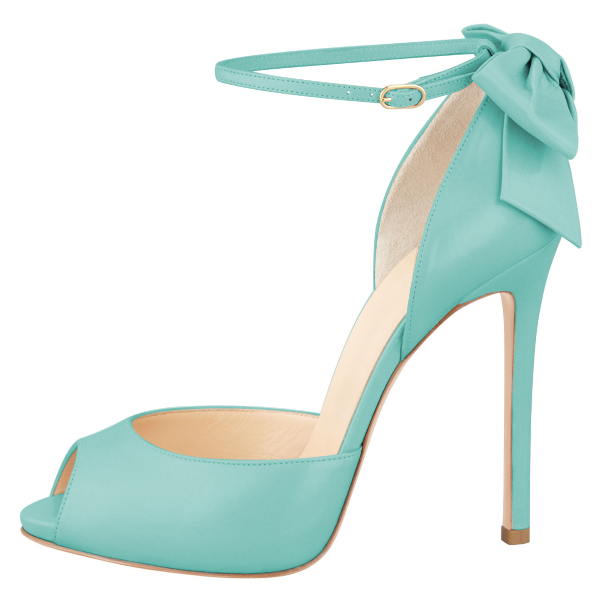 Women's Classy Vegan Leather Peep Toe Bow Inlay Ankle Strap High Heels Nicepairs