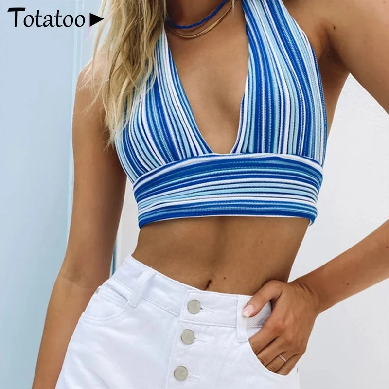 Totatoop Striped Backless Halter Summer Knit Crop Tops For Women 2021 Y2K Style Off Shoulder Beachwear Casual Bandage Tank Tops