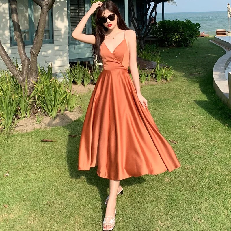 Billlnai  2023 Long White Satin Women Slip Dress Summer  Runway Elegant Vacation Party Night Dress Backless Tropical Korean Beach Sundress