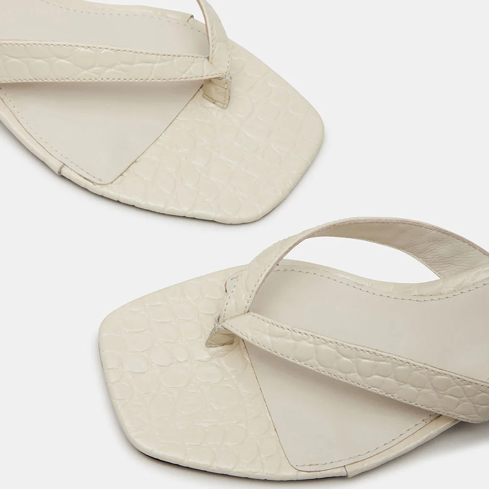 Ivory Vegan Leather Croc Embossed Kitten Heel Flip Flops for Women