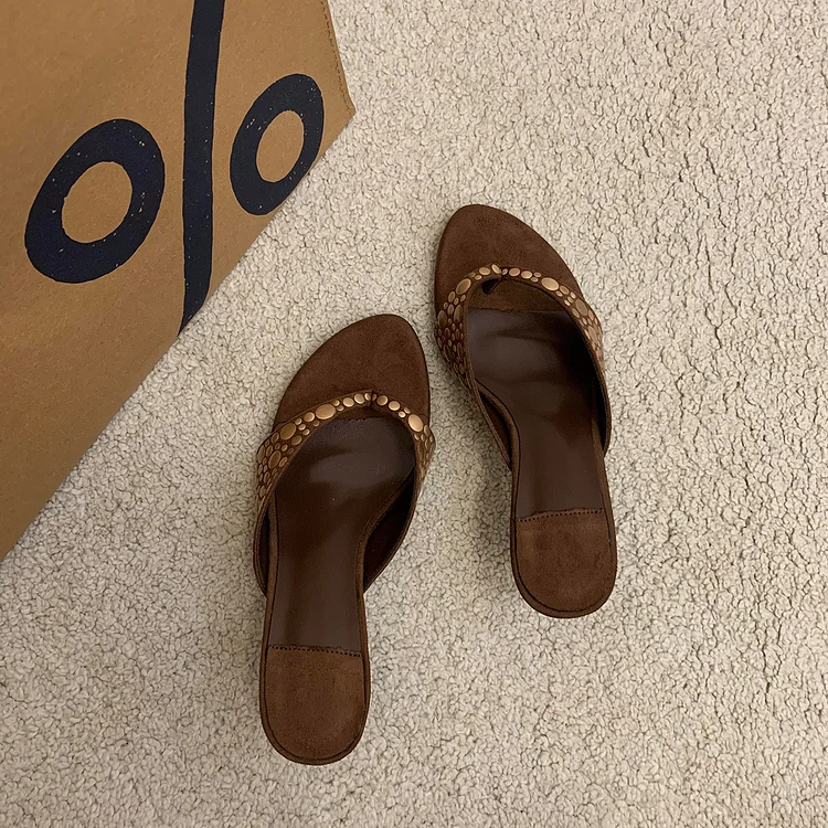Retro Rivet Suede Stiletto Heel Flip-flops High Heels