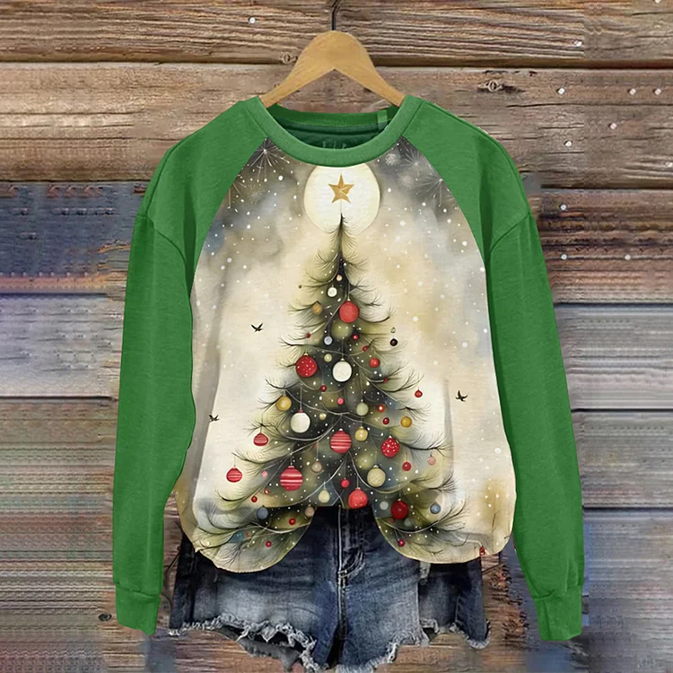 Comstylish Women's Christmas Tree Print Color Block Sweatshirt