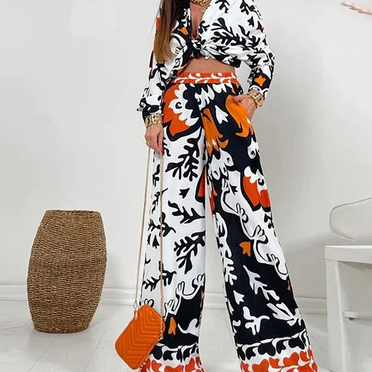 Graffiti Loose Shirt Wide Leg Pants Two-pieces Set