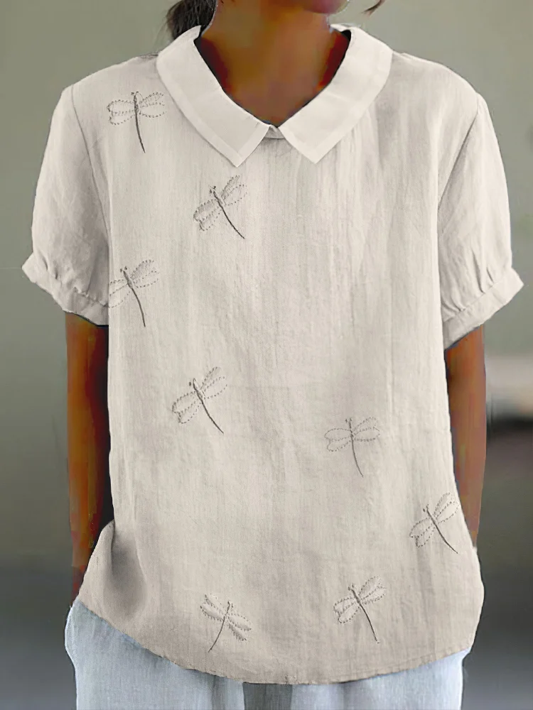 Women's Vintage Dragonfly Embroidery Art Casual Lapel Shirt