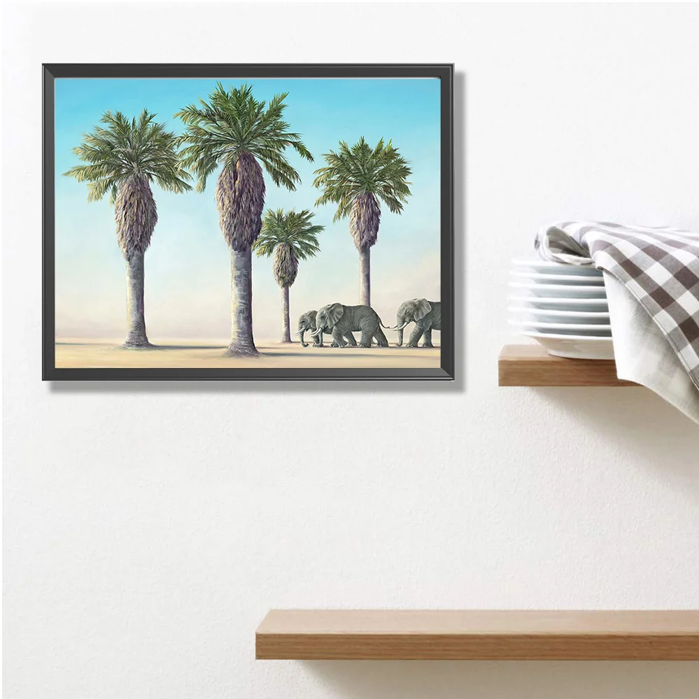 Full Round Diamond Painting 35*30cm - Palm Trees And Elephants