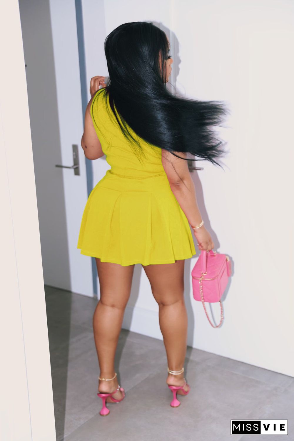 Sleeveless Pullover Polo Tops Pleated Skirt Suits