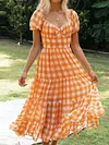 Plaid Print Puff Sleeves Vacation Midi Dress