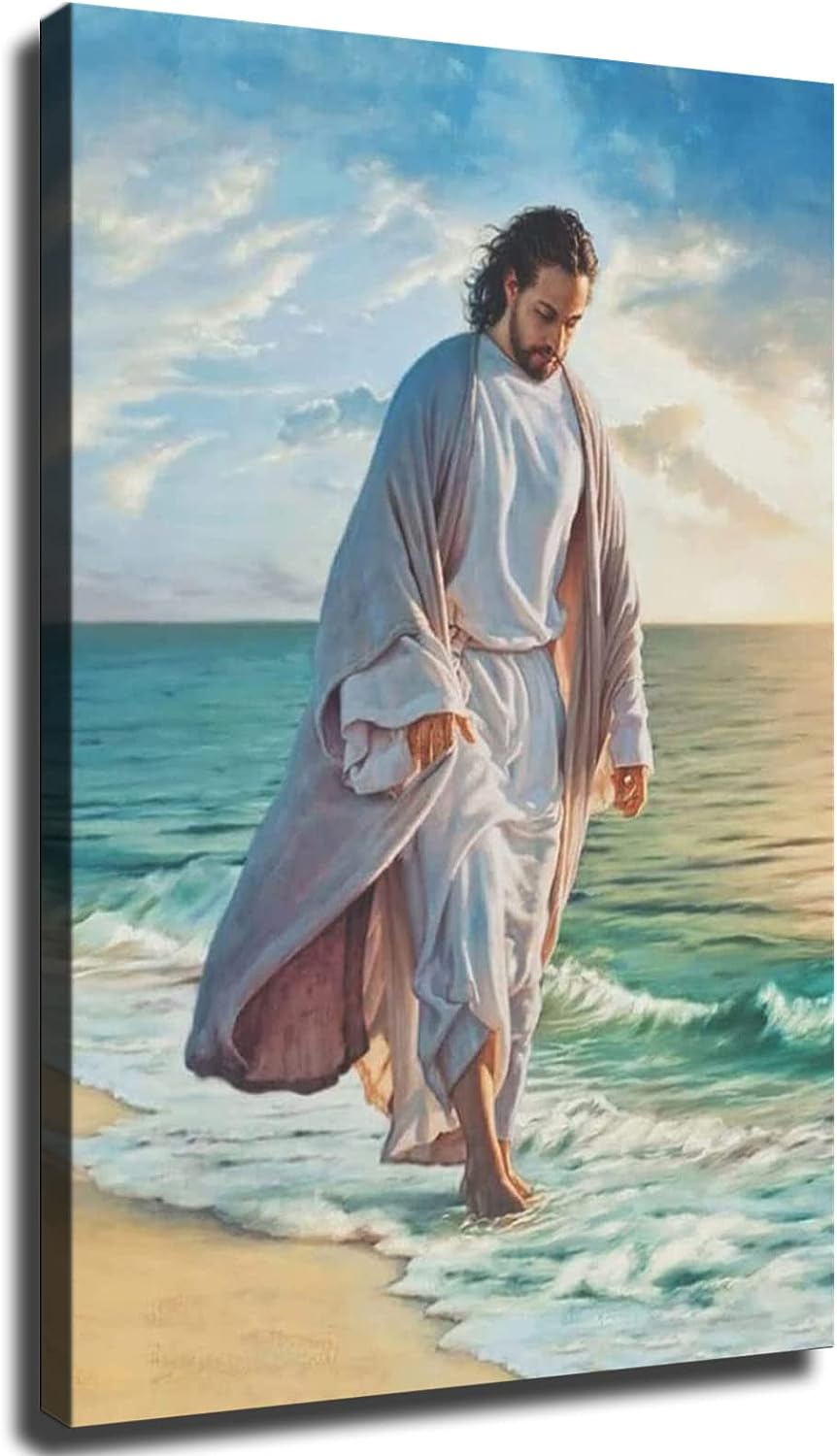 Religious Christ Poster Jesus God Walking on The Beach Poster Artwork Home Decor Art Print Canvas Home Office Living Room Bedroom Wall Decor Gift (Framed,1624inch) Framed