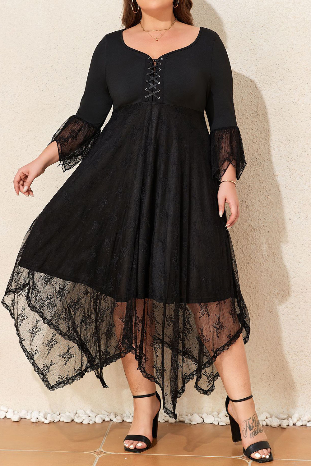 Plus Size Everyday Black Lace Flare Sleeve Lace-Up Asymmetrical Hem Maxi Dress 2024 - Flycurvy 