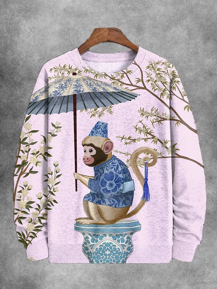 Men's Monkey Sitting On A Celadon With An Umbrella Art Print Casual Sweatshirt