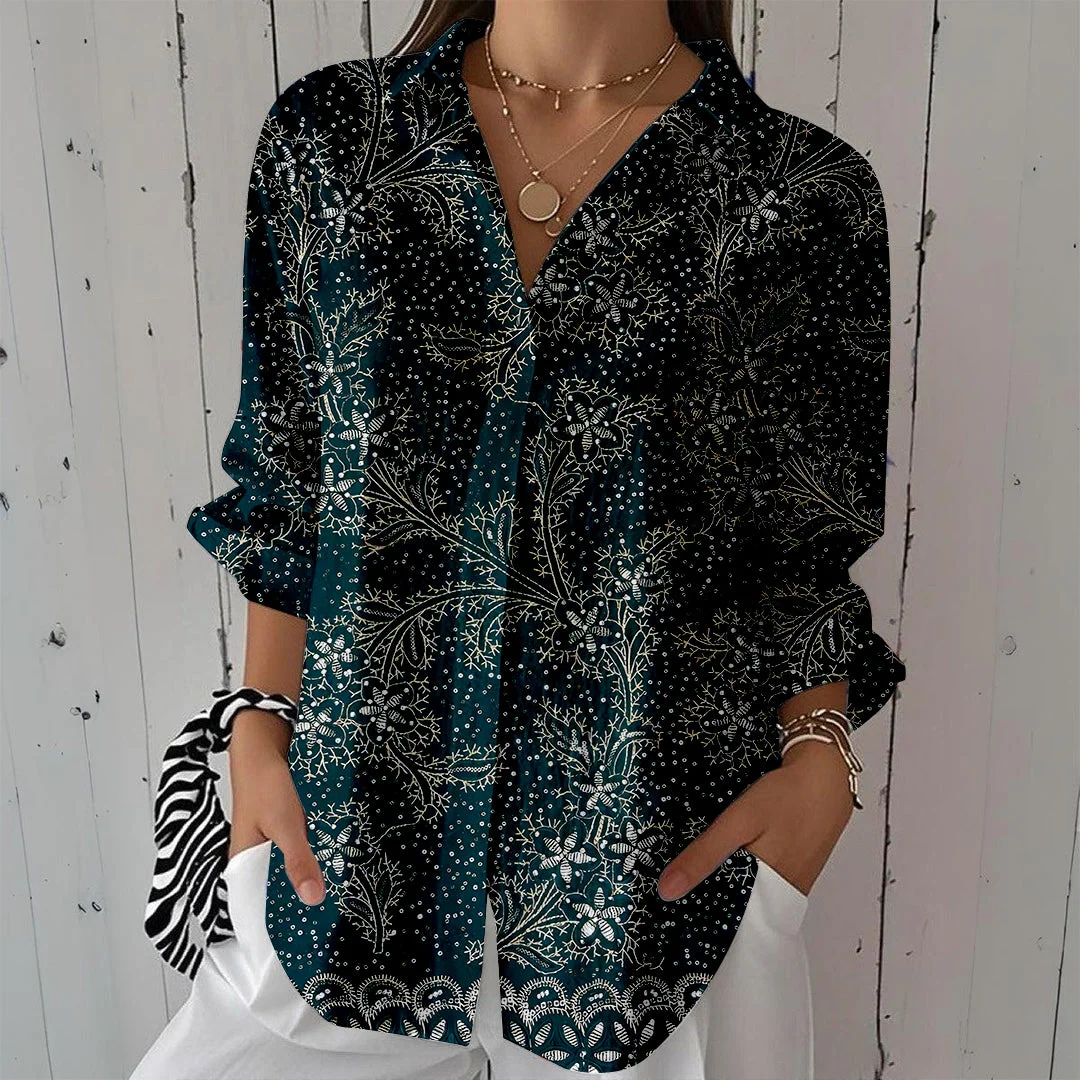 Style & Comfort for Mature Women Women Foliage, Black, Dark Green, Silver DZCL0445 3/4 Sleeve Shirt Collar Printed Button Tops