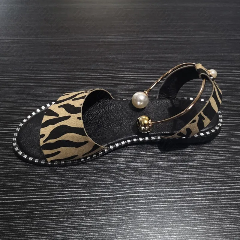 New Leopard Print Summer Women Metal Beaded Sandal Slippers Shoes Women Lady Flats Flip Flop Casual Flat Slingback Sandals Shoes