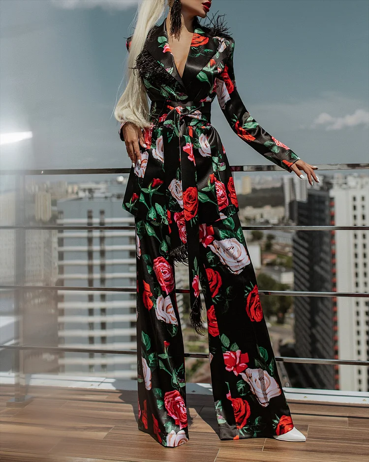 Women's Lapel Print Two-Piece Suit
