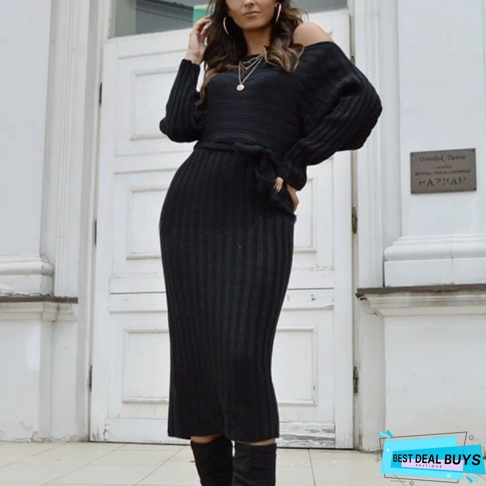 New Fashion Women's Shoulder Sweater Dress In Autumn and Winter Black Dresses