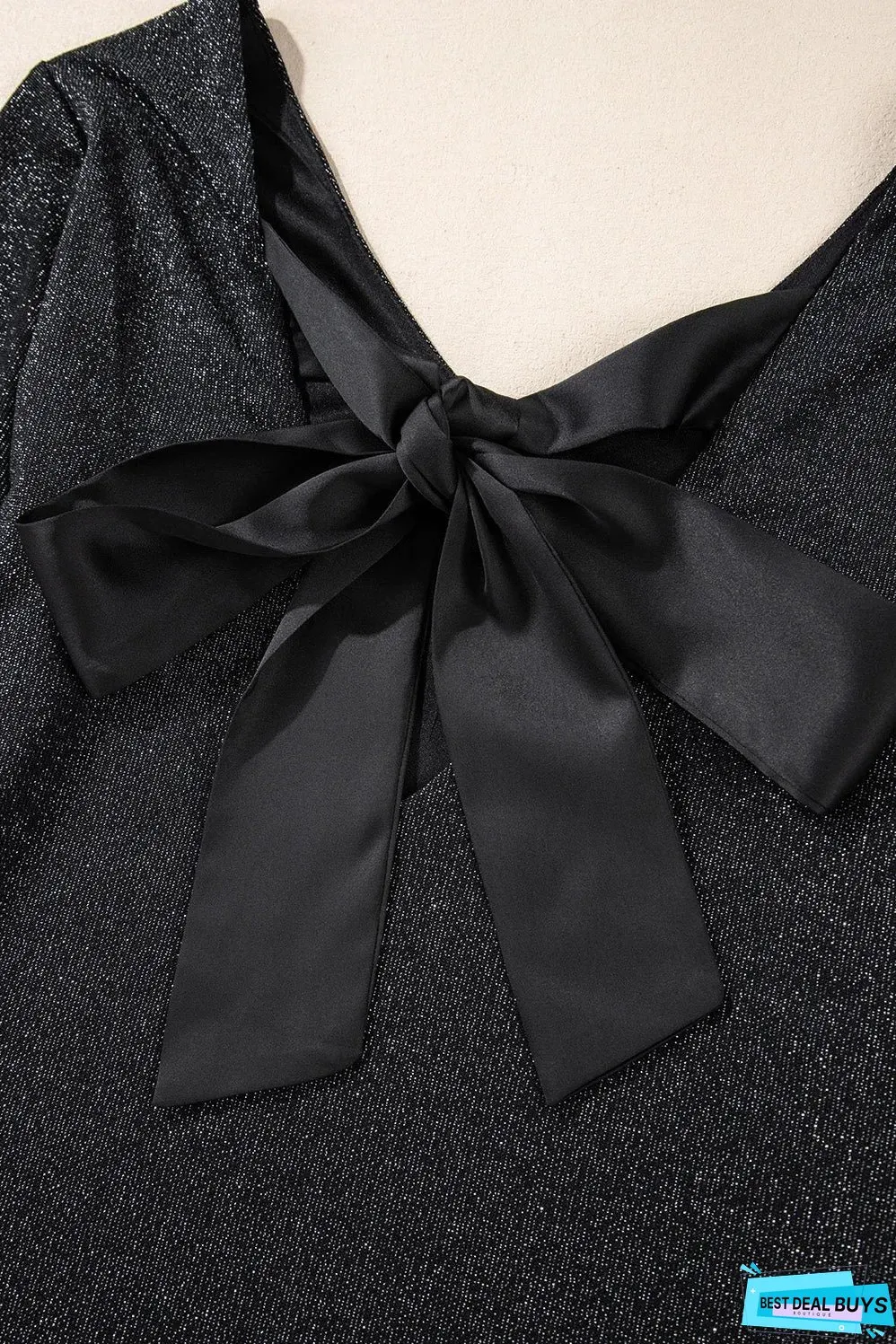 Black Metallic Bowknot Open Back V Neck Top