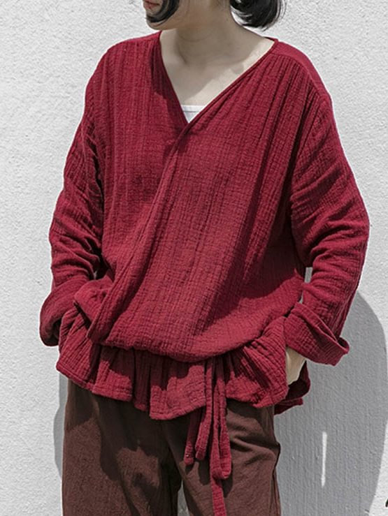 Vintage Casual Loose Solid Color Tied V-Neck Long Sleeves T-Shirt Tops