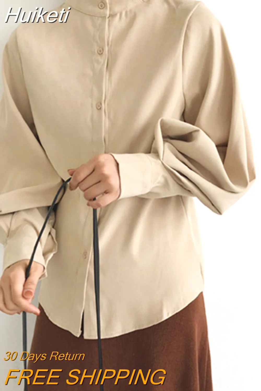 Huiketi Elegant OL Shirts Lantern Long Sleeve Women Spring Button Up Designed Blouse Stand Collar Fashion Ladies Office Work Tops