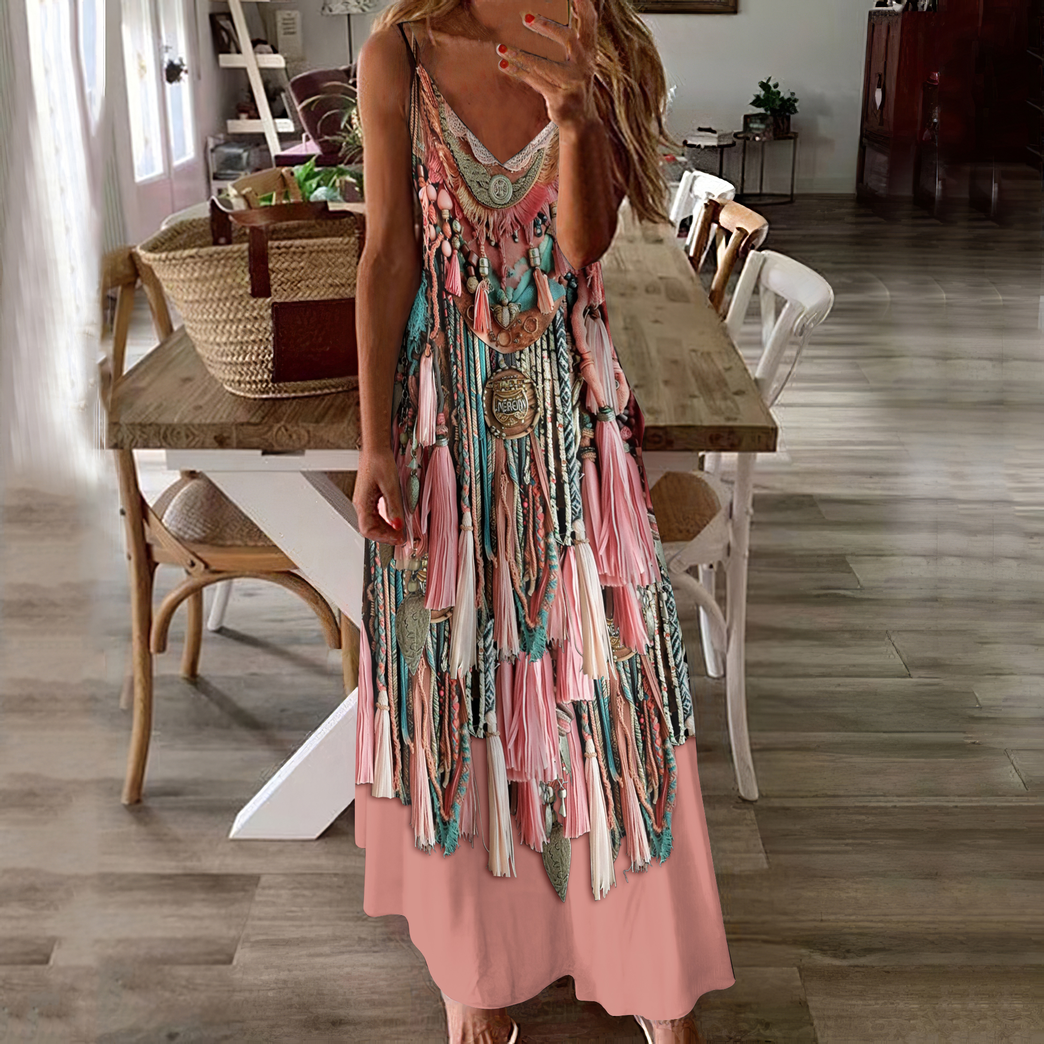 Comstylish Western Tassel Print Suspender Maxi Dress