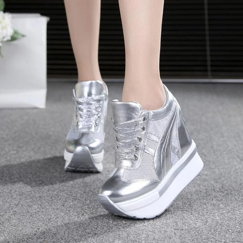 High Quality Women Mesh Platform Sneakers Trainers White Shoes 10CM High Heels Wedges Outdoor Shoe Breathable Casual Shoes Woman