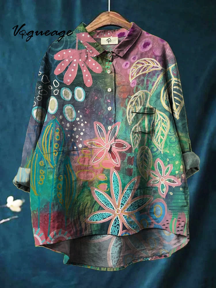 Elegant Gentle And Casual Flowers And Plants Printed Cotton And Linen Shirt