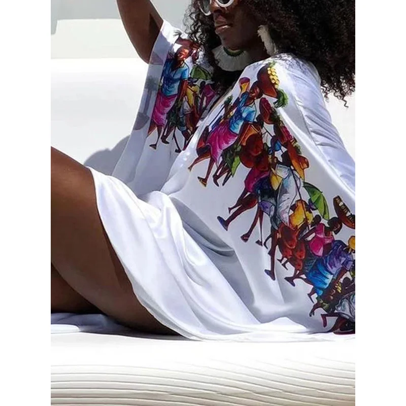 Uveng Uveng Summer African Fashion Digital Printed White Dress Loose Sexy Long Dress