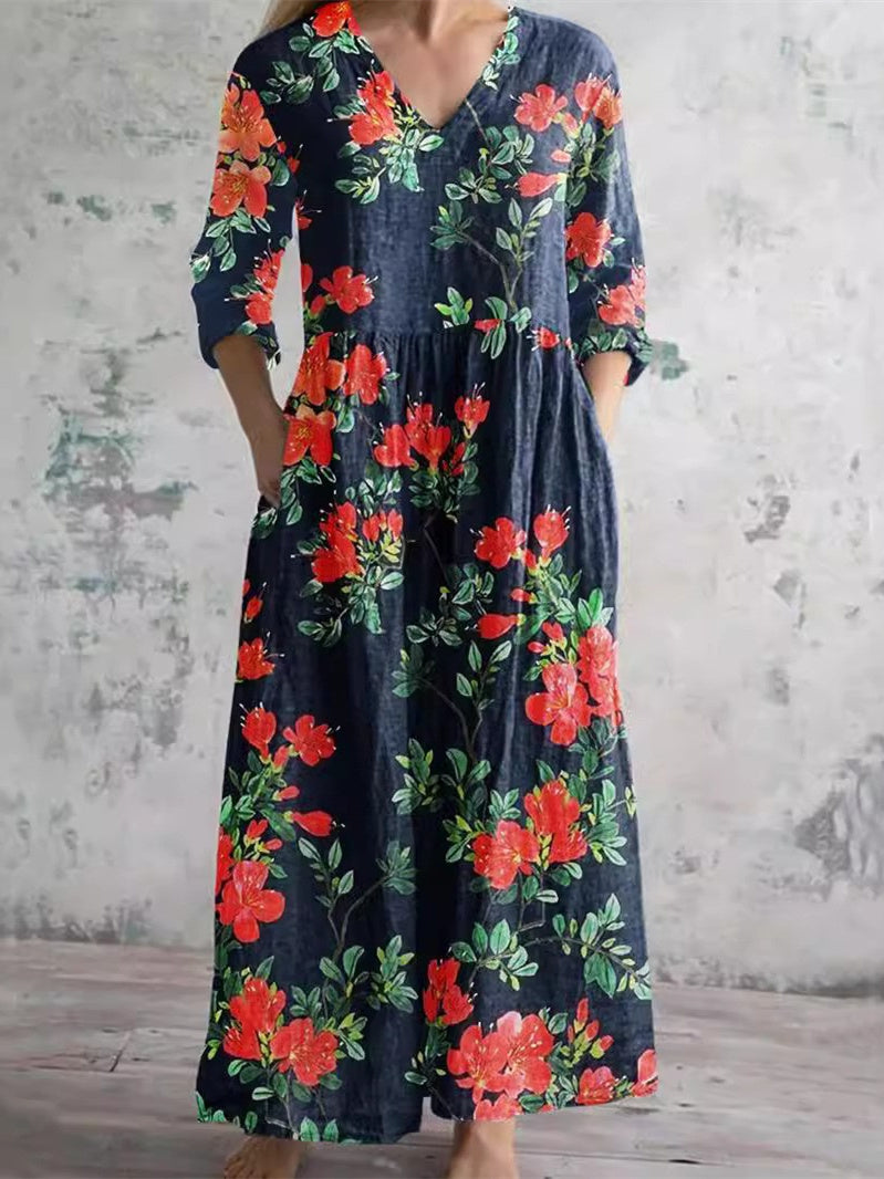 Women's Long Sleeve V-neck Floral Printed Midi Dress
