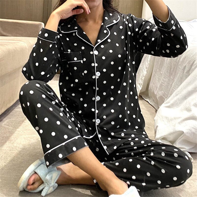 Pajamas Set Women Homewear Dot Pattren Long Sleeves Pink Blue Pijamas Sets Soft Pyjamas Female Lingerie Sleepwear Suit for Girls