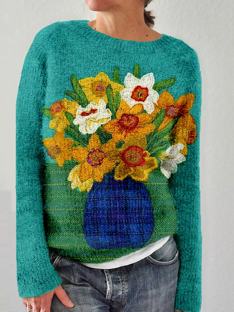 Daffodils Felt Art Crew Neck Comfy Knit Sweater