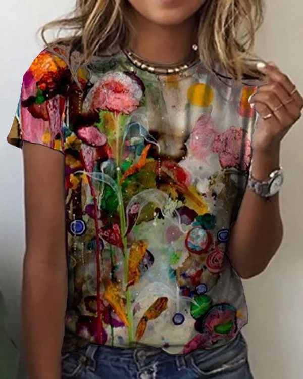 Women's Flower Pattern Crew Neck T-shirt