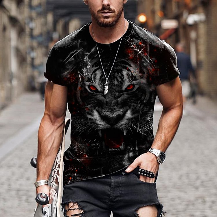 BrosWear Vintage Tiger Graphic Print Short Sleeve T-Shirt