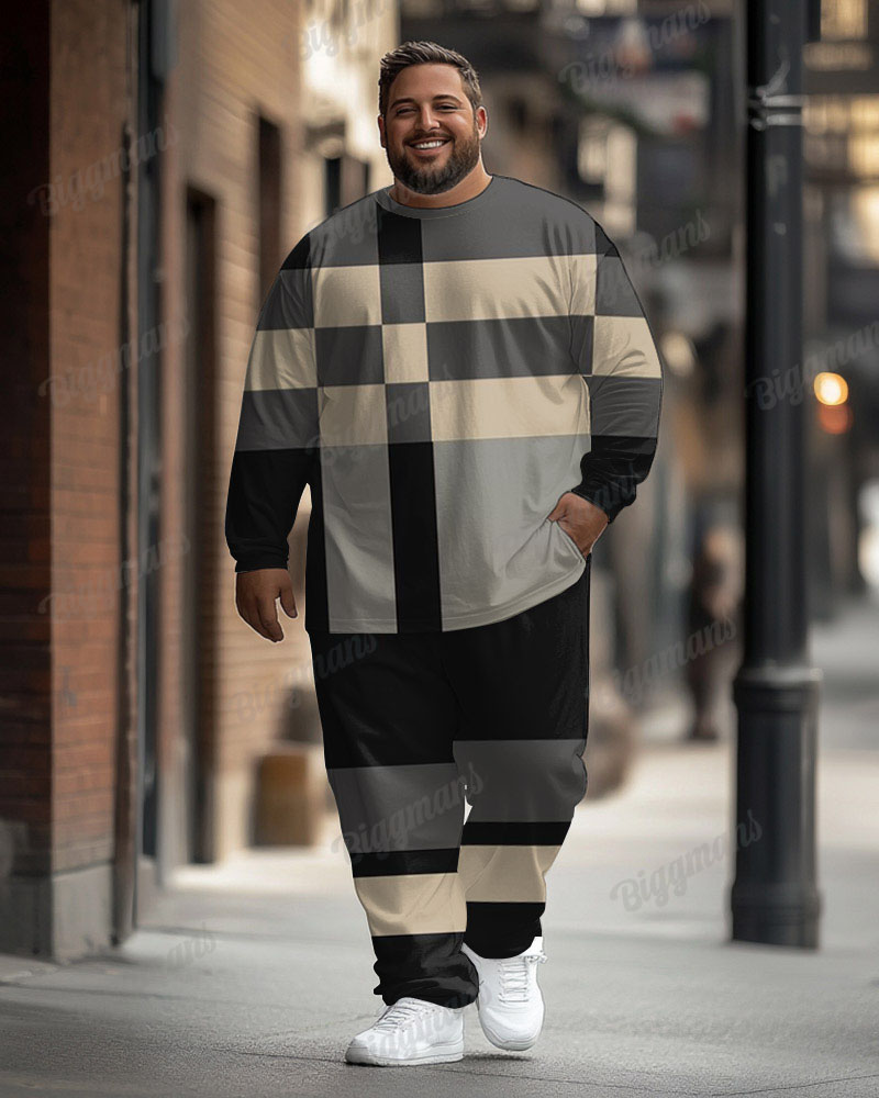 Men's Plus Size Gray Color Block Striped Geometric Print Long Sleeve T-shirt Trousers Suit