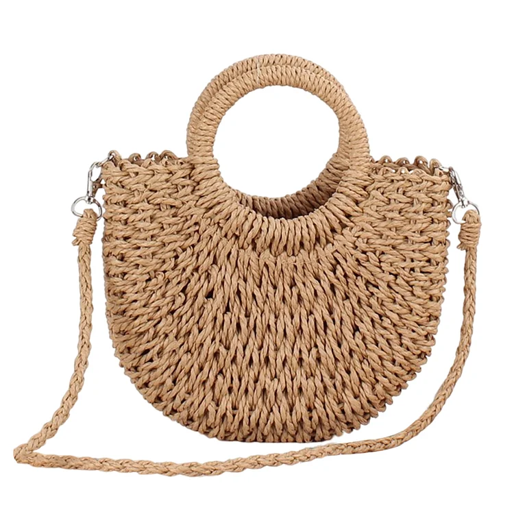Women Semicircle Shoulder Bag Summer Woven Crossbody Bag Beach Bag (Light Brown)