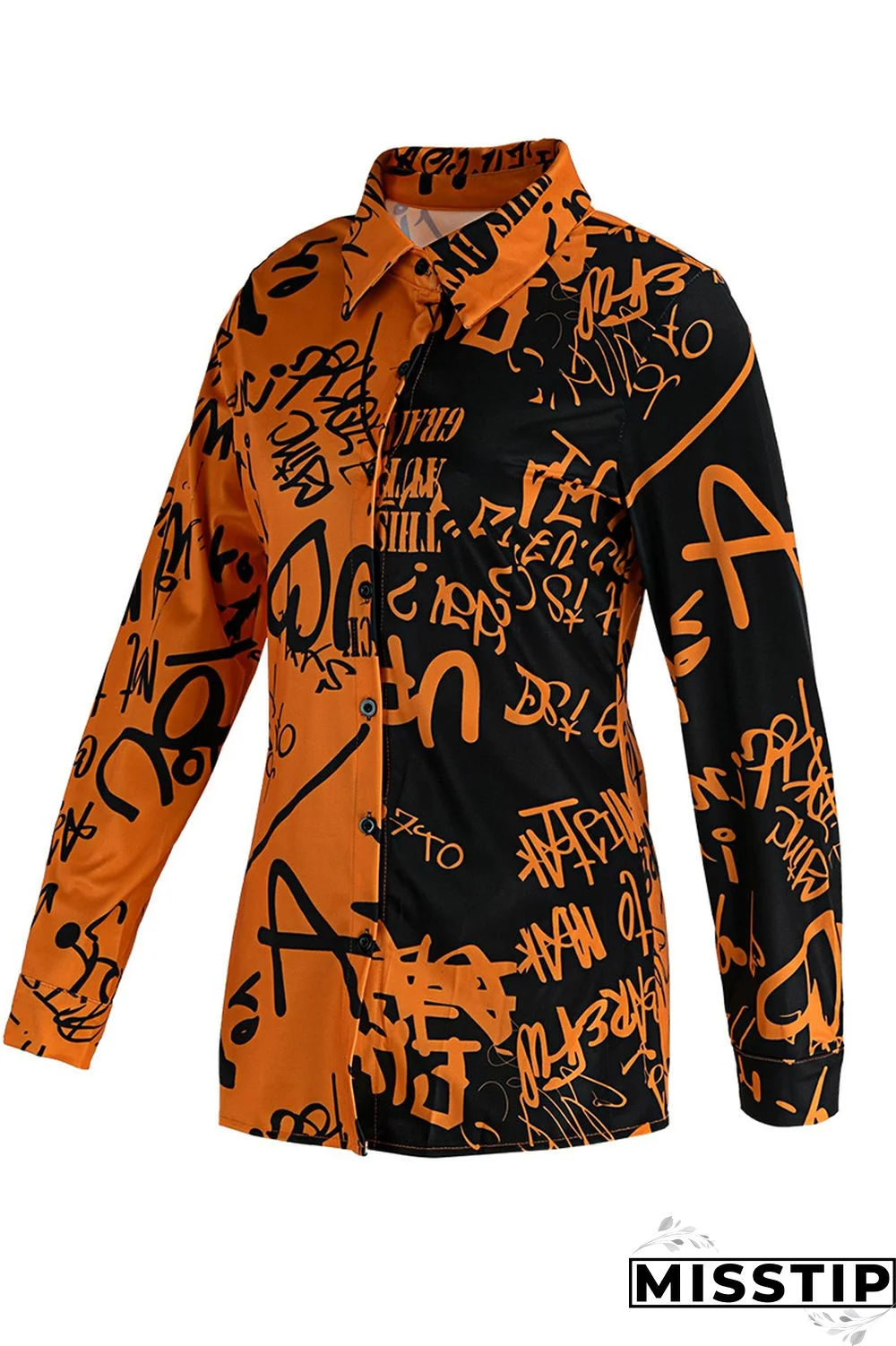 Yellow Sexy Graffiti Print Long Sleeve V-Neck Shirt