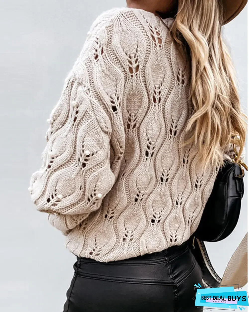 Pearls Decor Drop Shoulder Open Knit Sweater