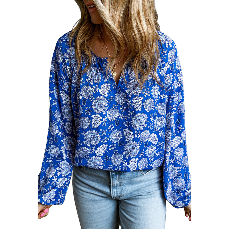 V-neck Floral Print Pullover Loose Chiffon Blouse
