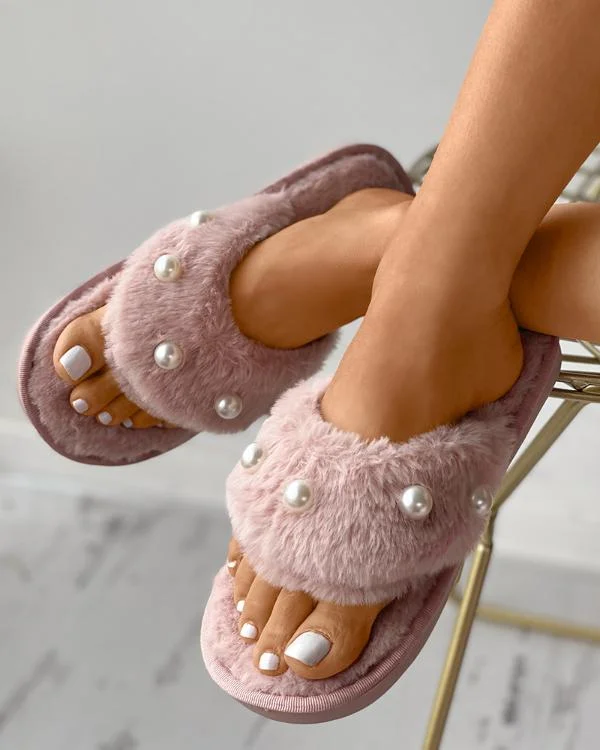 Beaded Decor Open Toe Fluffy Slippers