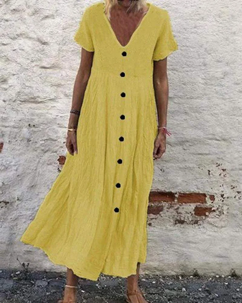 Cotton Linen V-neck Button Vintage Dress