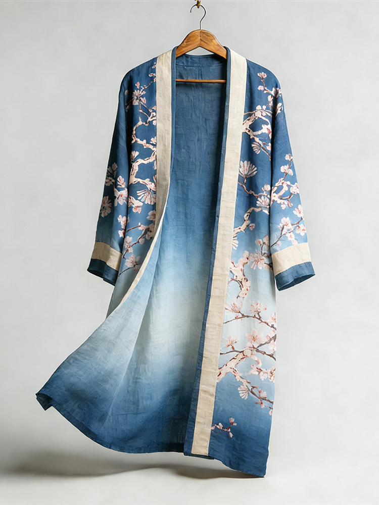 Retro Printed Art Linen Gradient Kimono  artssus