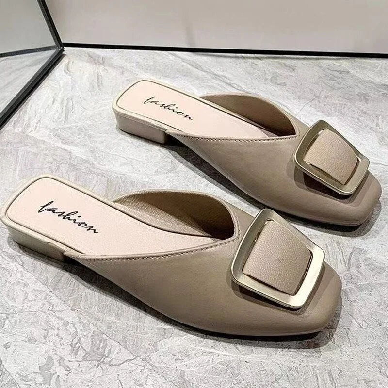 Women's Summer Shoes Slip On Mules Casual Shoes Buckle Square Toe Flats Sandals Brand Designer Sandals Ladies 2021 New Fashion