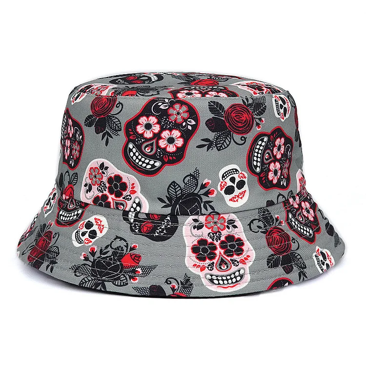 Rose Skull Bucket Hat Print Outdoor Sun Hat at Hiphopee