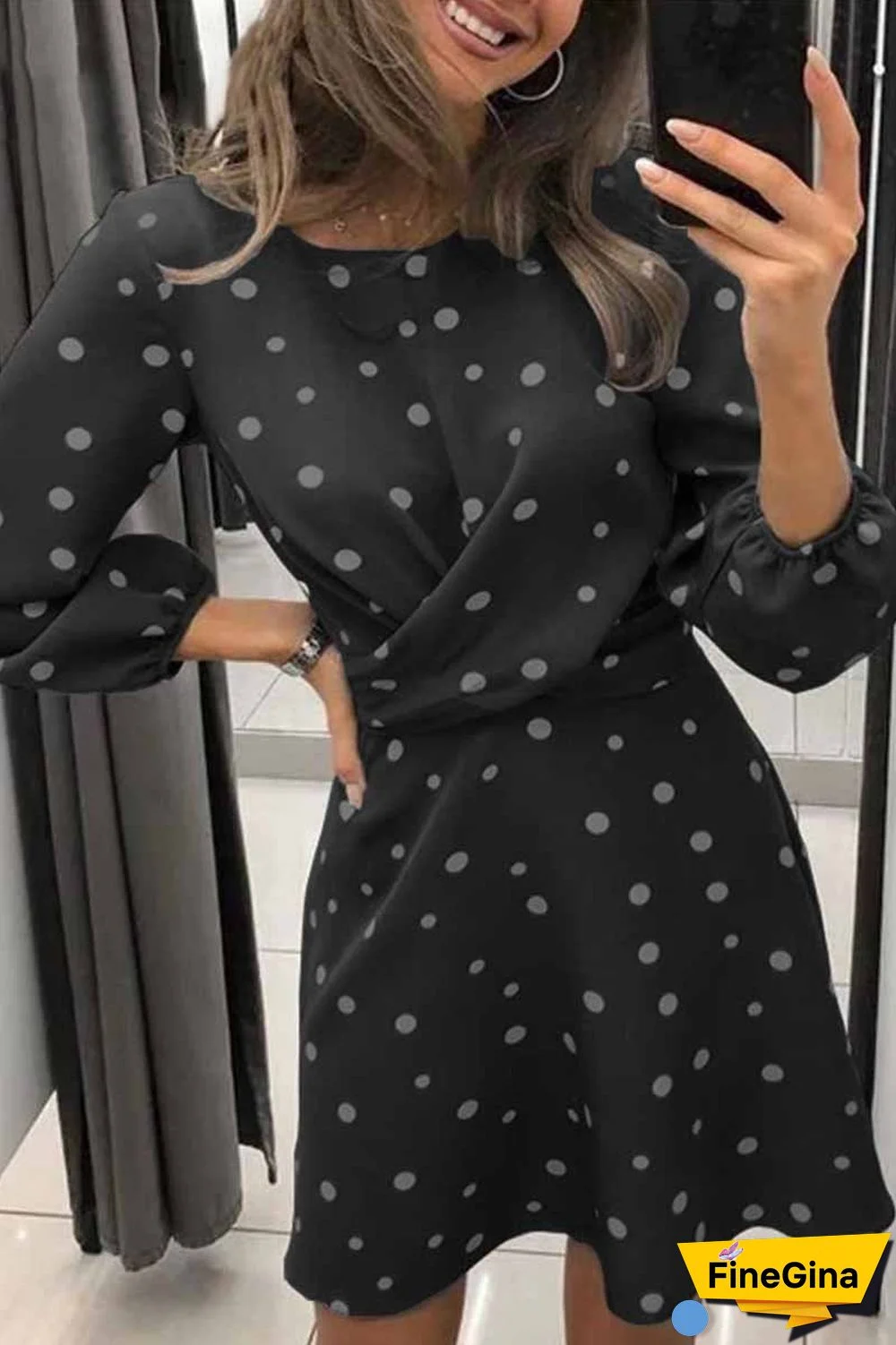 Loose Round Neck Long Sleeve Polka Dot Mini Dress(4 Colors)