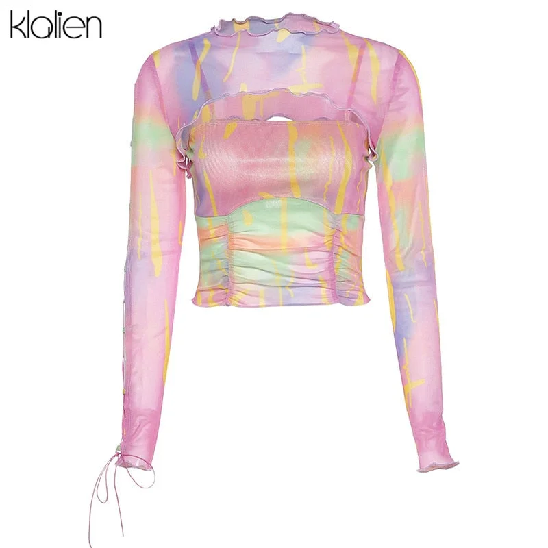 KLALIEN sexy fashion hollow out female two piece set t shirt spring summer casual high street colorful slim wild t shirt women