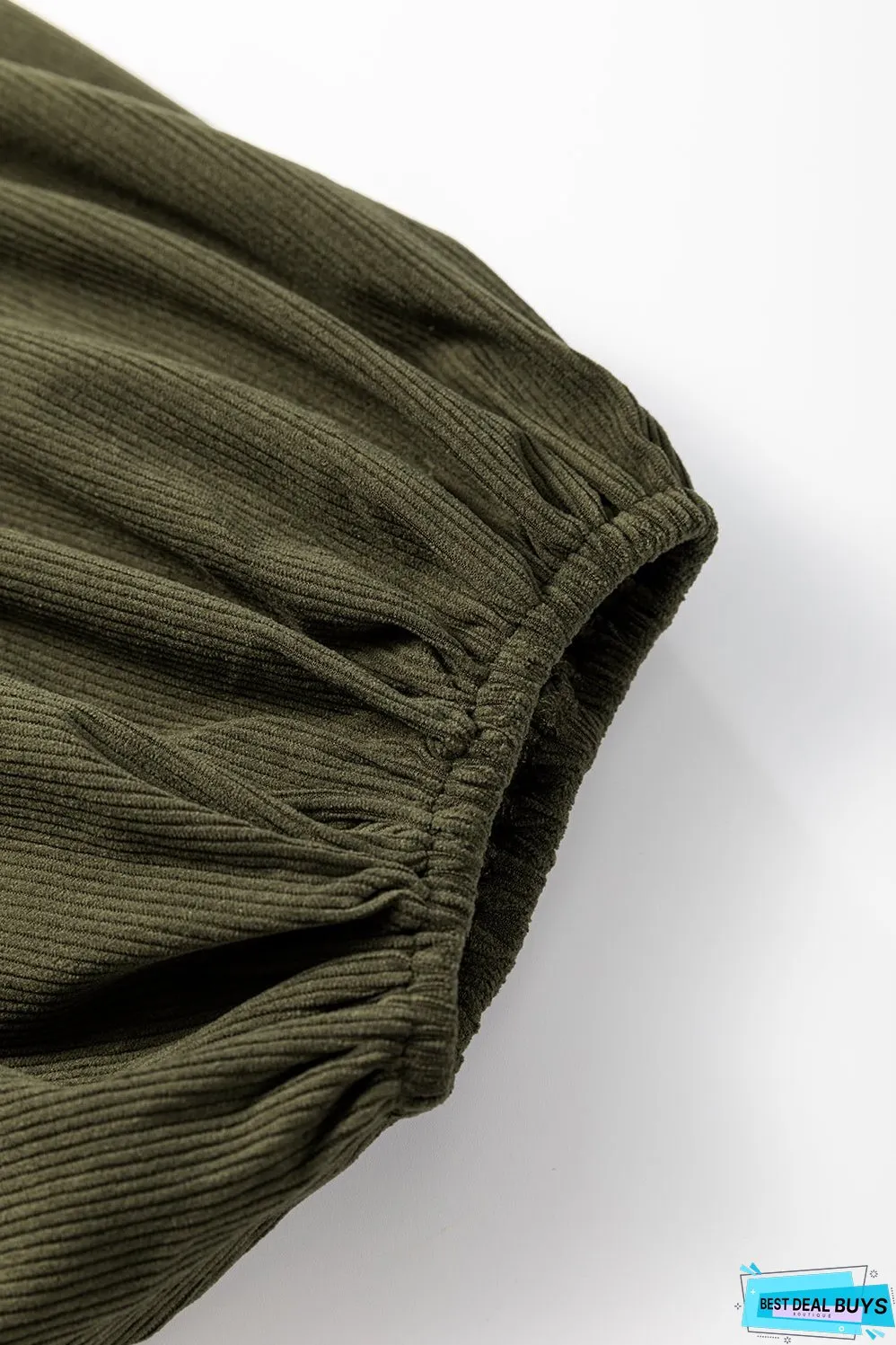 Vineyard Green Corduroy Snap Buttons Empire Waist Bracelet Sleeve Dress