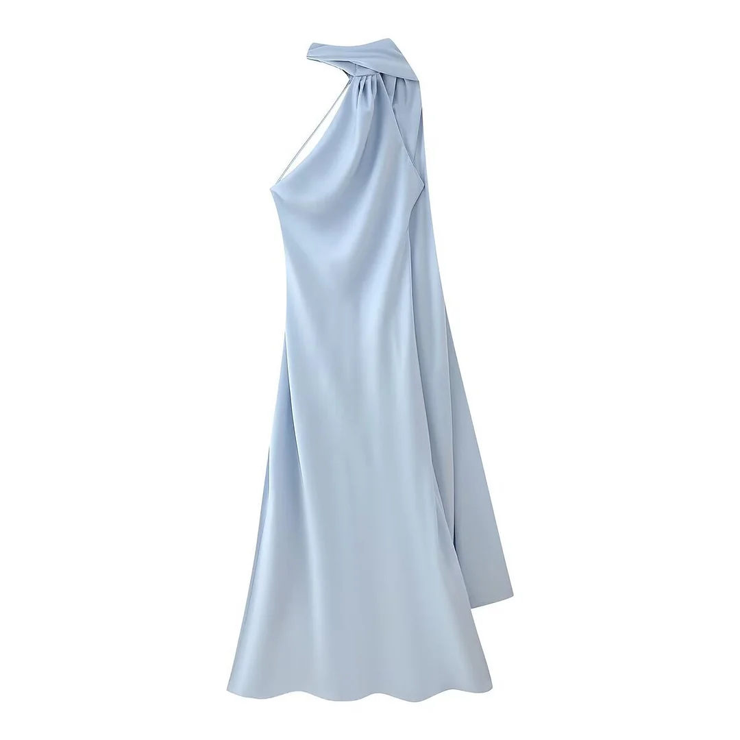 Nigikala Nigikala Homemade Niche New Women's Clothing In Spring And Summer Solid Color Hanging Neck Silk And Siding Texture Dress